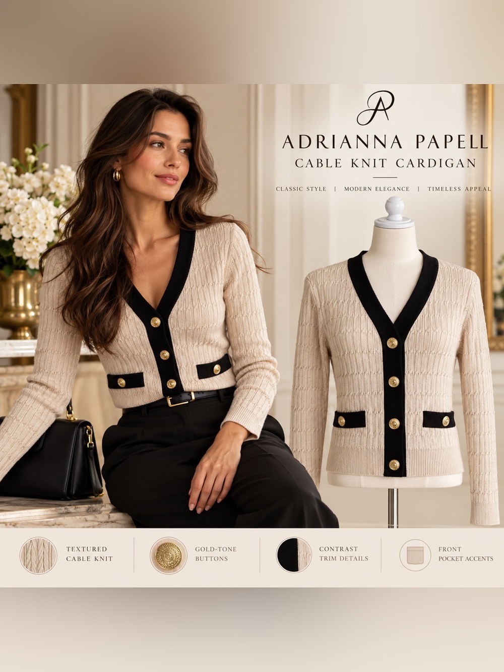 NWT Adrianna Papell Cable Knit Cardigan S Oatmilk Black Gold Button Preppy
